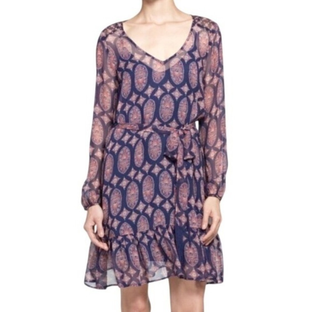 Ella Moss Mini Dress Navy Blue‎ Womens XS Paisley Chiffon Tie Waist Ruffle Hem